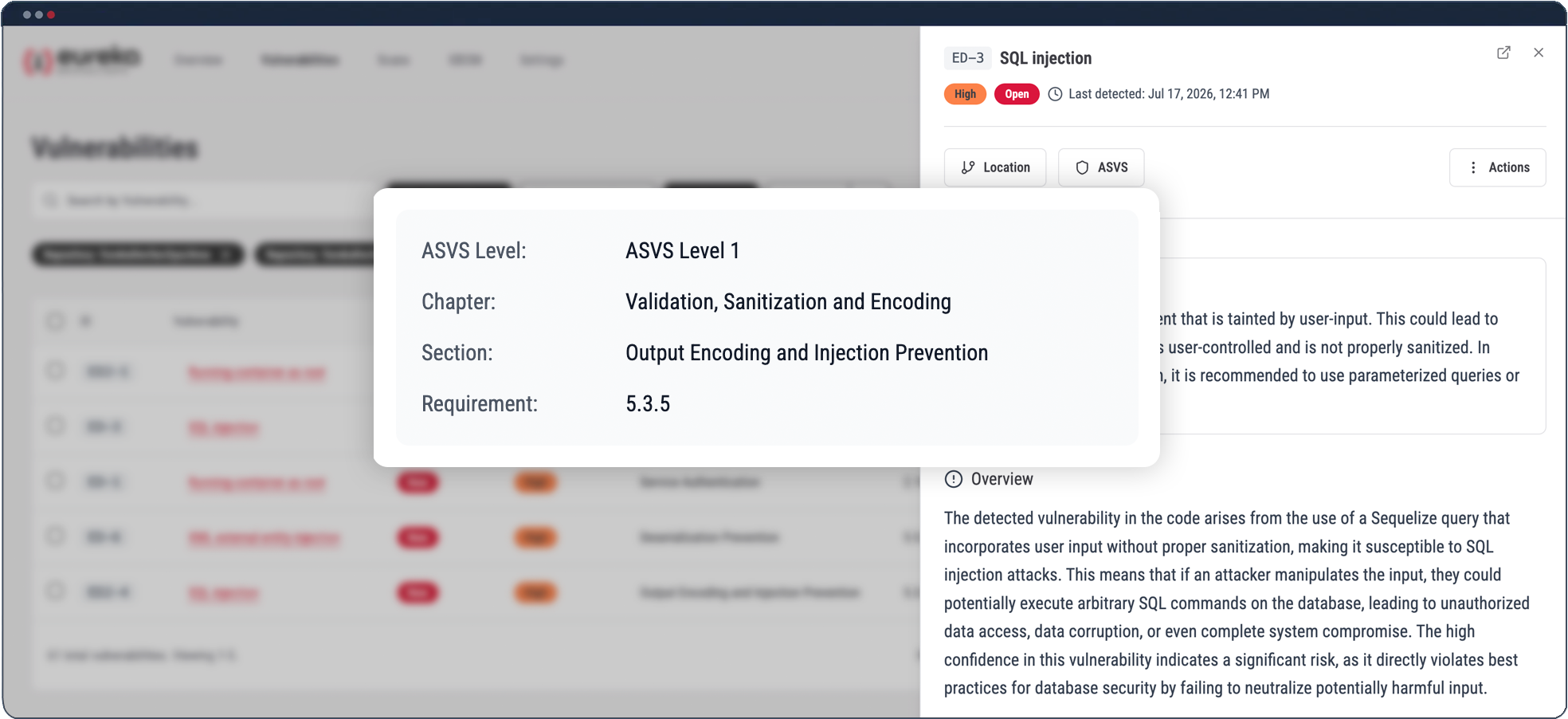 Finding drawer, ASVS mapping and detail