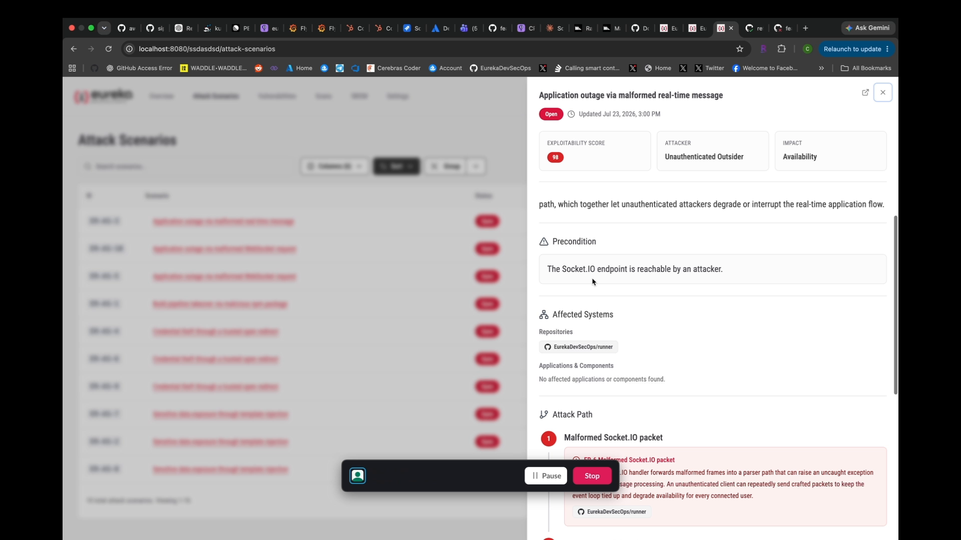 Eureka attack scenario drawer showing an application outage scenario, unauthenticated outsider precondition, and availability impact.