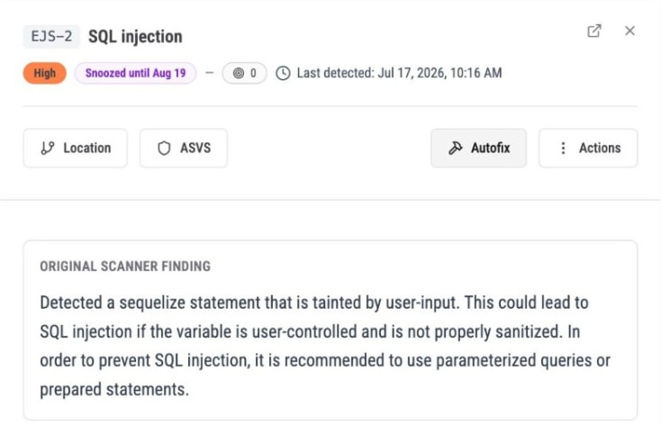 Finding EJS-2, SQL injection, with the Autofix button in the finding header next to Actions